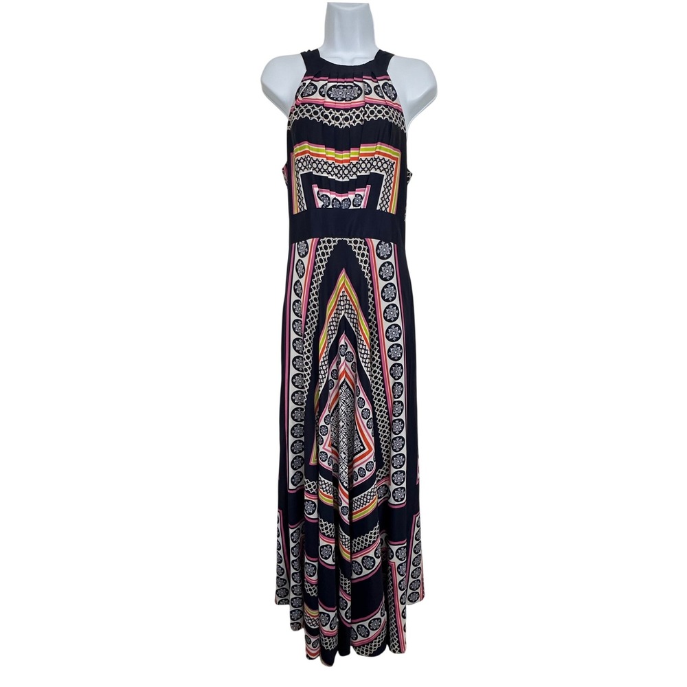 Eliza J Maxi Dress Women 8 Navy Blue Geometric Scarf Print Halter Tie‎ Back